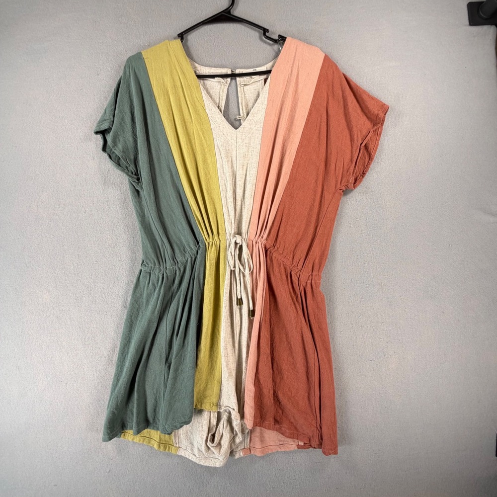Entro Women's XL Colorblock Linen Blend Romper Boho Short Sleeve Drawstring